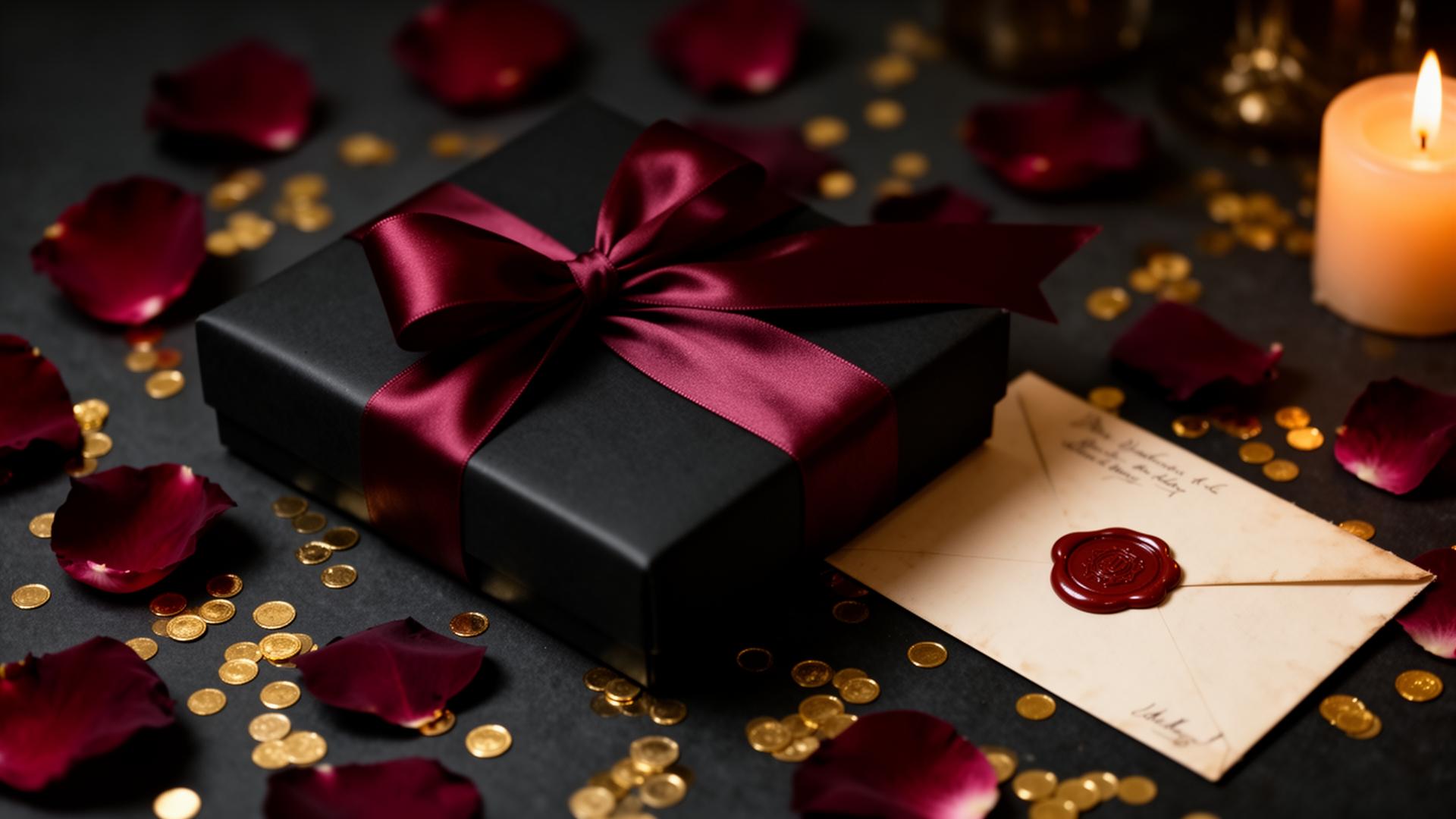 Matte black gift box with crimson satin ribbon